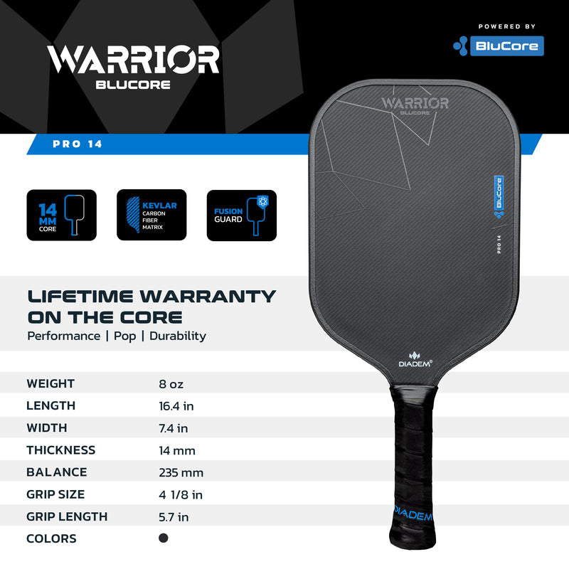 Warrior pickleball paddle with specifications on a branded background