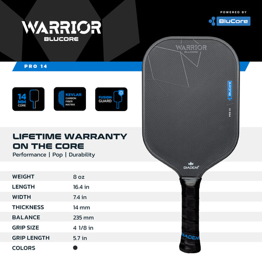 Warrior pickleball paddle with specifications on a branded background