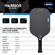 Warrior pickleball paddle with specifications on a branded background 