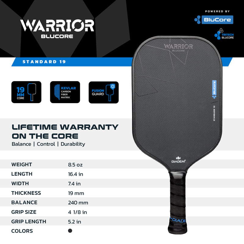 Warrior pickleball paddle with specifications on a branded background 