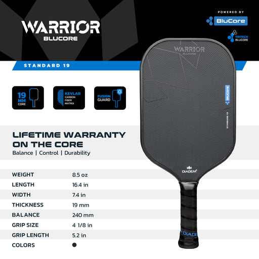 Warrior pickleball paddle with specifications on a branded background 