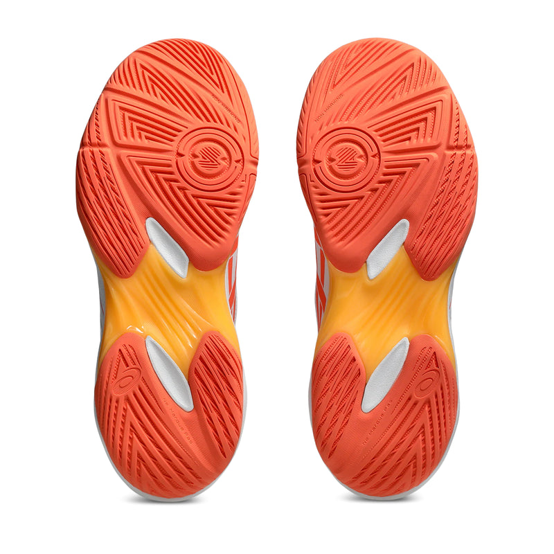 White indoor court sports shoe with orange accents (vivid coral) on a white background asics rocket 12 soles