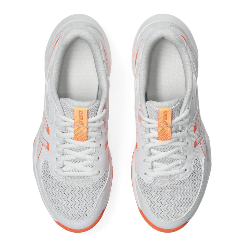 White indoor court sports shoe with orange accents (vivid coral) on a white background asics rocket 12