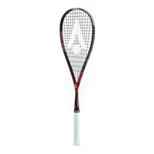 Squash racket with black and red design on a white background made by Karakal and is model SN 90 2.1
