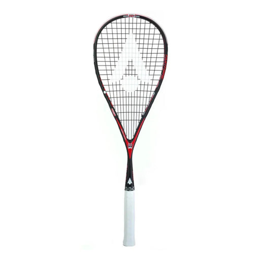 Squash racket with black and red design on a white background made by Karakal and is model SN 90 2.1