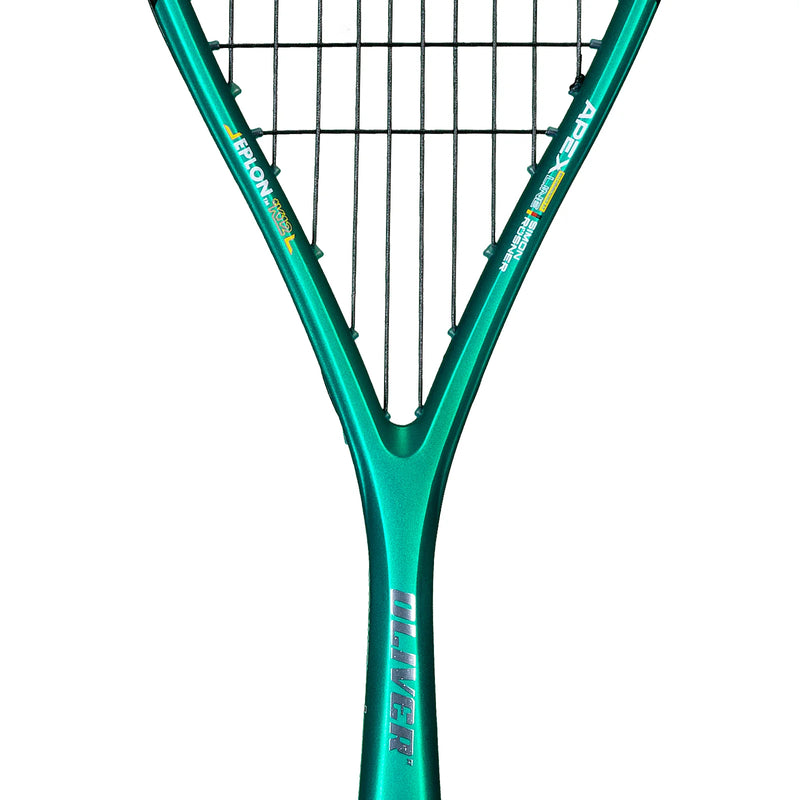 Close-up of a green Oliver Apex 920 ce squash racket with brand name on a white background