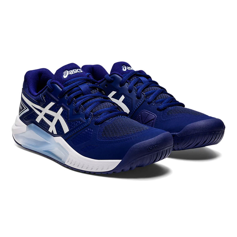 asics gel challenger 13 women's outdoor court shoe for tennis pickleball dive blue soft sky color hardcourt front view