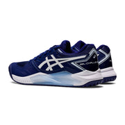asics gel challenger 13 women's outdoor court shoe for tennis pickleball dive blue soft sky color hardcourt back side view