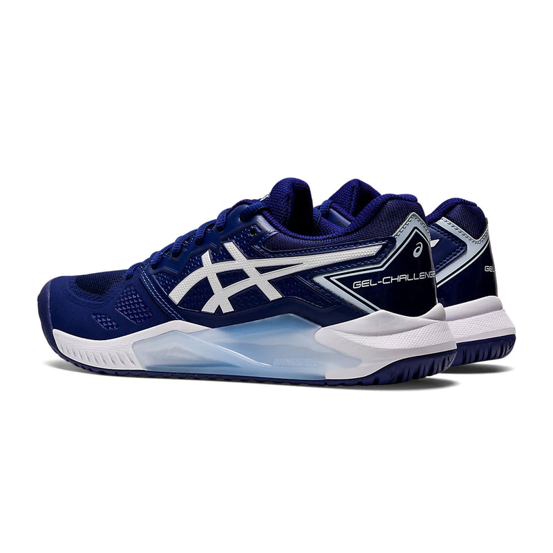 asics gel challenger 13 women's outdoor court shoe for tennis pickleball dive blue soft sky color hardcourt back side view