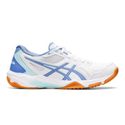 asics gel rocket 10 women's indoor court shoe color  White/Periwinkle Blue squash badminton pickleball lateral side