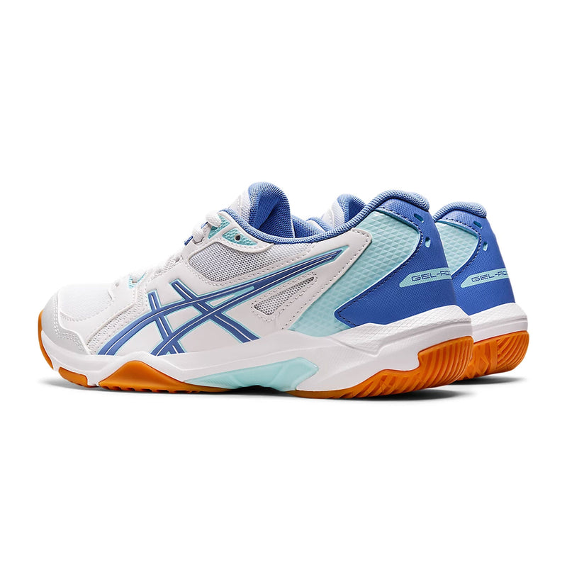 asics gel rocket 10 women's indoor court shoe color  White/Periwinkle Blue squash badminton pickleball back side view