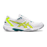 asics rocket 10 indoor court shoe for squash pickleball badminton color white and safety yellow