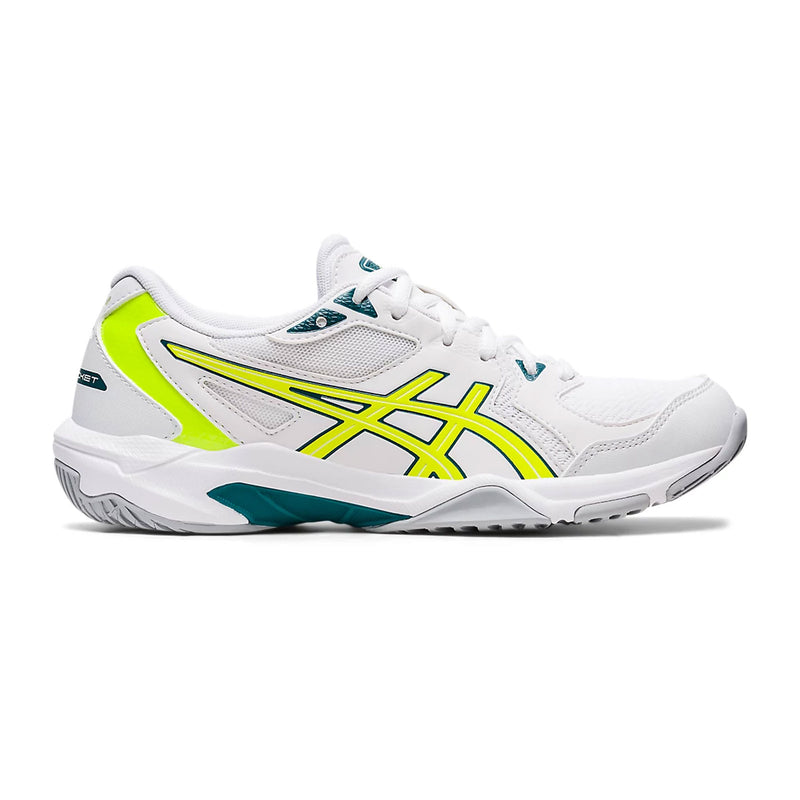 asics rocket 10 indoor court shoe for squash pickleball badminton color white and safety yellow