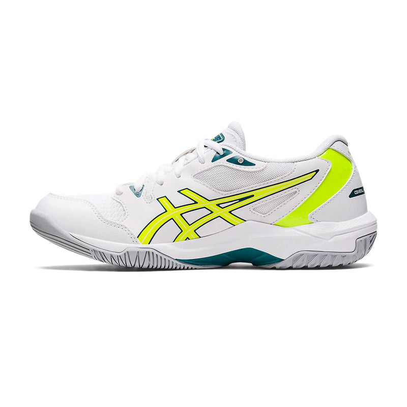 asics rocket 10 indoor court shoe for squash pickleball badminton color white and safety yellow