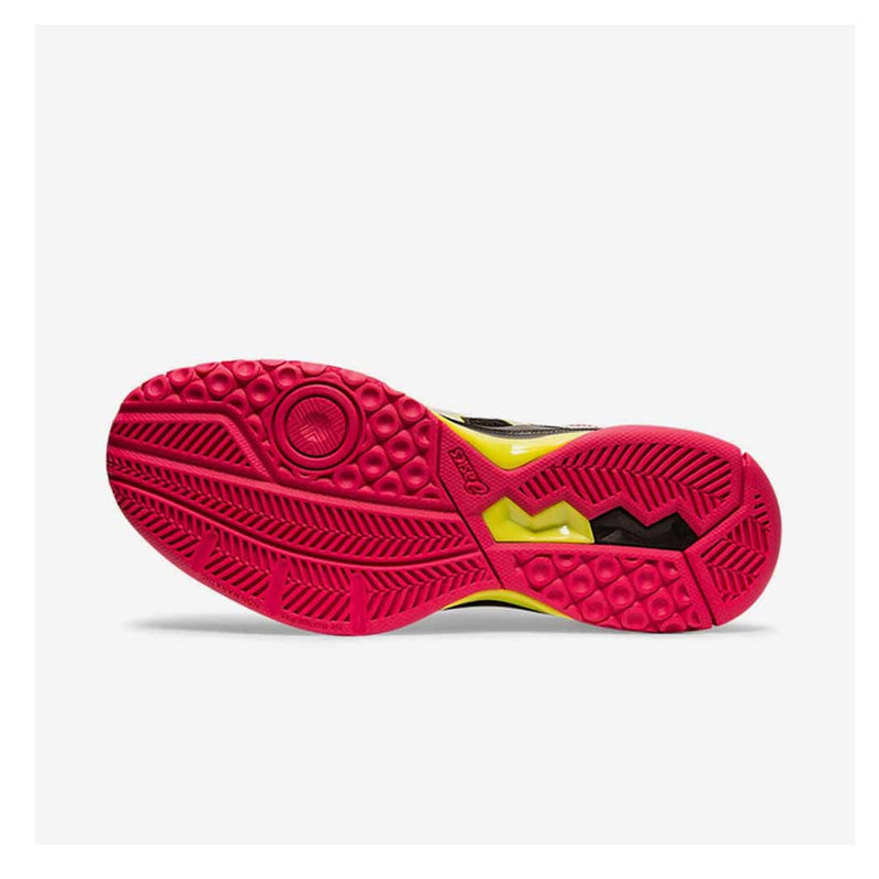 Asics Fastball 3 womens indoor court shoe for pickleball, badminton and squash. Black Pink and silver.