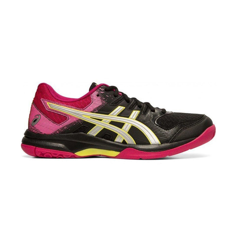 Asics Fastball 3 womens indoor court shoe for pickleball, badminton and squash. Black Pink and silver.