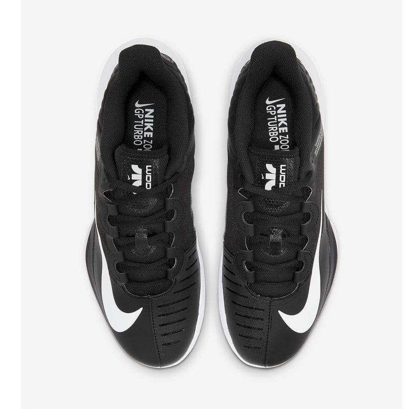 nike gp turbo hc black mens tennis shoe white hardcourt top view