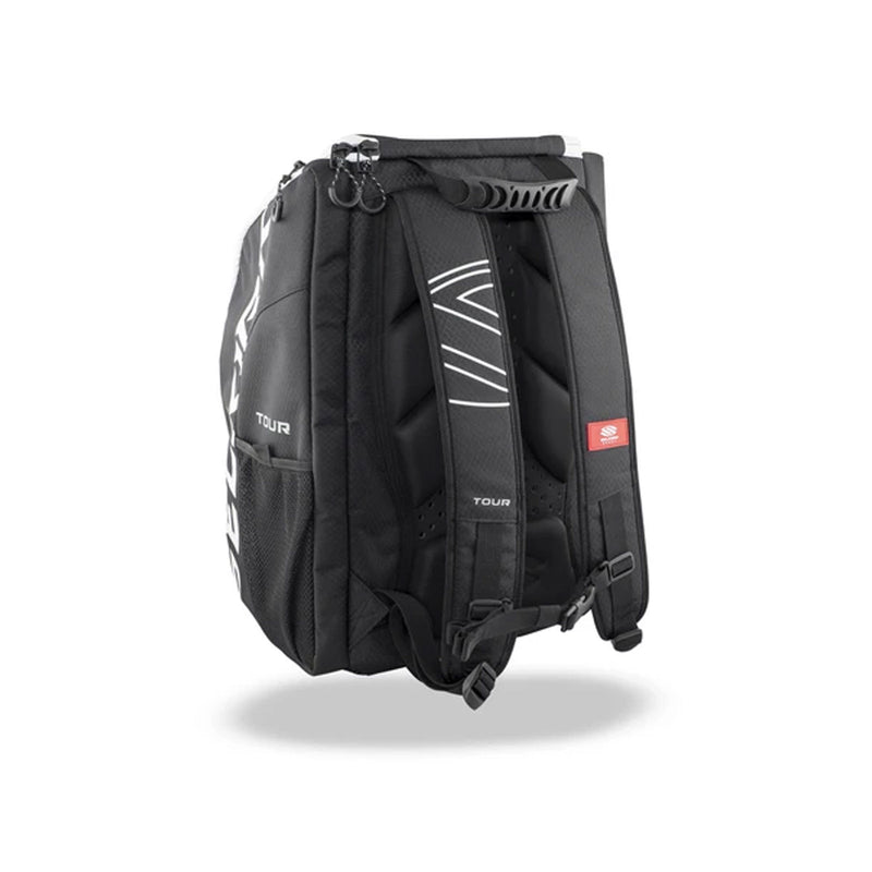 Selkirk tour backpack 2021 black white color huge bag for gear squash tennis badminton kingston ontario canada sturdy grab handle quality zippers mesh pockets