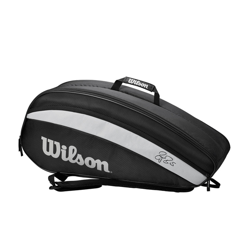 wilson rf team 6 pack 2 comprtment tennis squash badminton bag black and silver federer