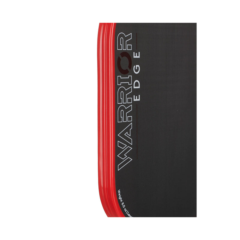 diadem warrior edge red pickleball paddle now at racquet science in kingston ontario canada 16mm thick etched graphite face 4 1/8 grip close up of bumper guard